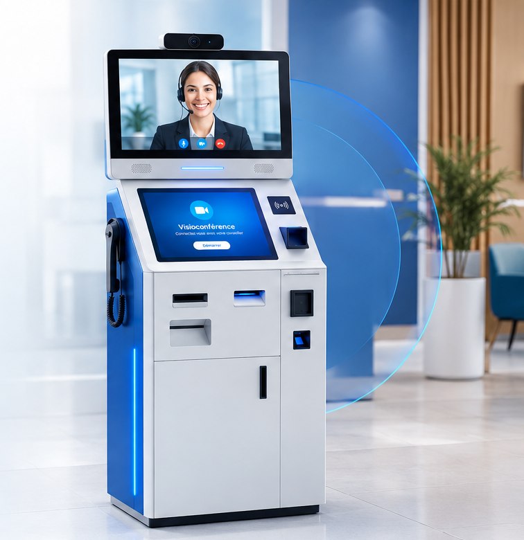 Borne de visioconférence PAYPOS connectant un client à une conseillère