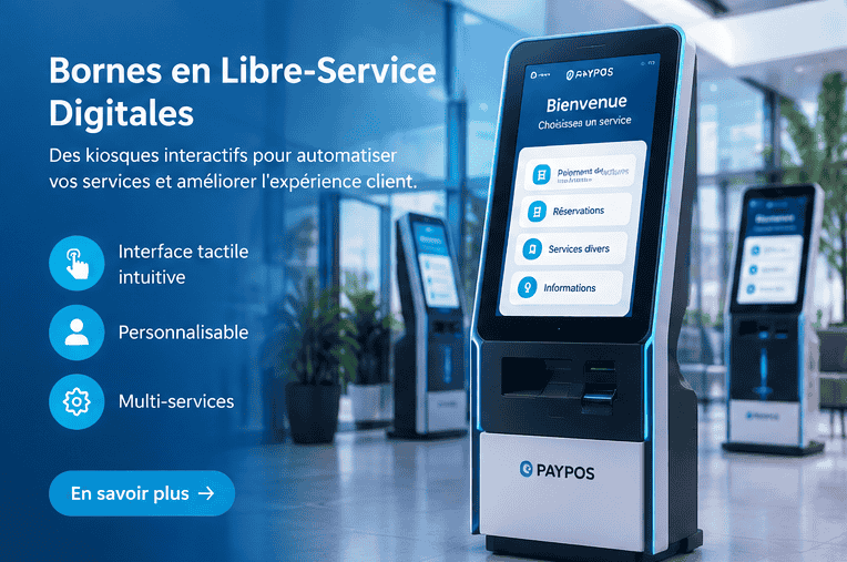 Bornes en Libre-Service Digitales : kiosques interactifs pour automatiser vos services et améliorer l'expérience client, interface tactile intuitive, personnalisable, multi-services.